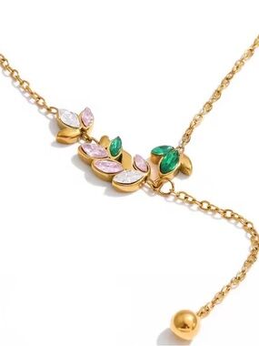Gold Leaf Drop Necklace with Pink and Green Stones